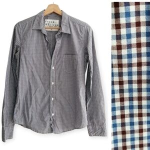 Frank & Eileen Barry Button Up Slim Tailored Fit Blue Brown Cotton Plaid Small